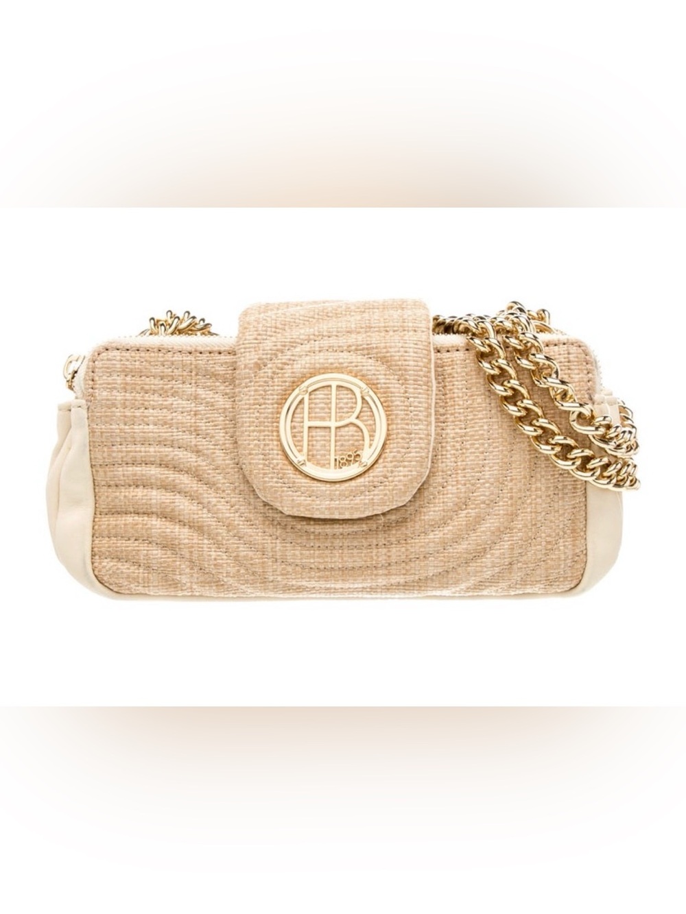 Henri Bendel Beige Quilted Raffia & Leather Crossbody Bag with Gold-Tone Chain